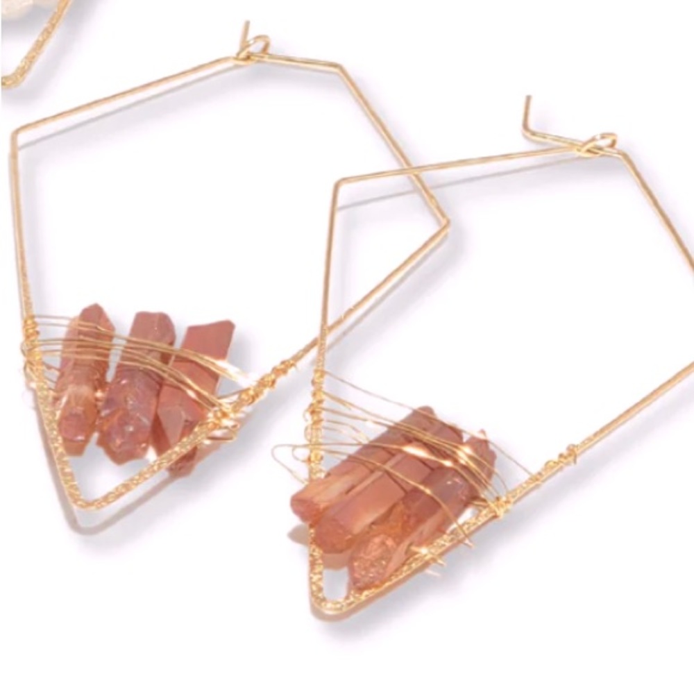 Wire-Wrapped Crystal Stone Earrings, Geometric Hoop Earrings